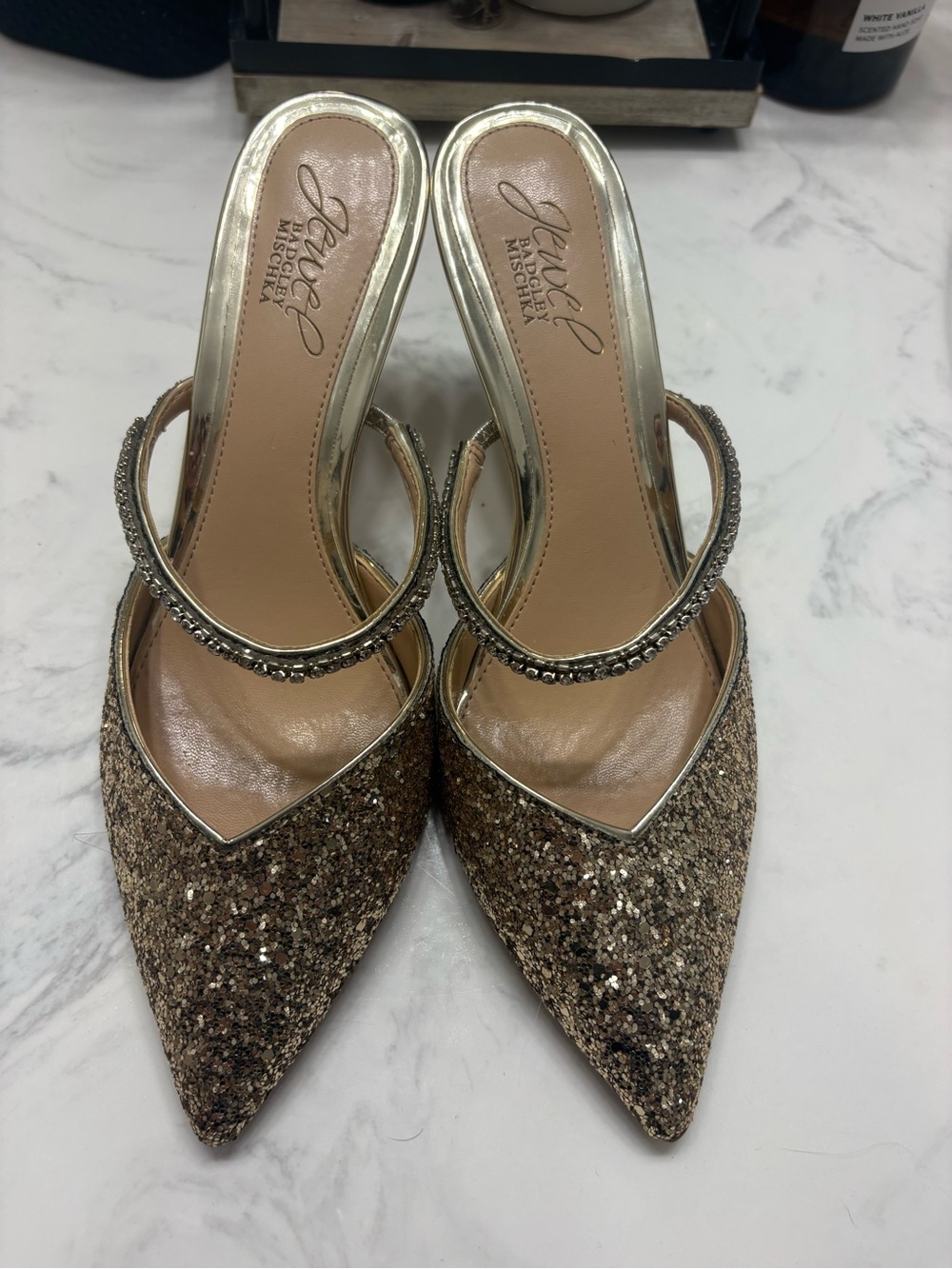 New Jewel Badgley Mischka Gold Glitter Pointed Mule with Beaded Strap